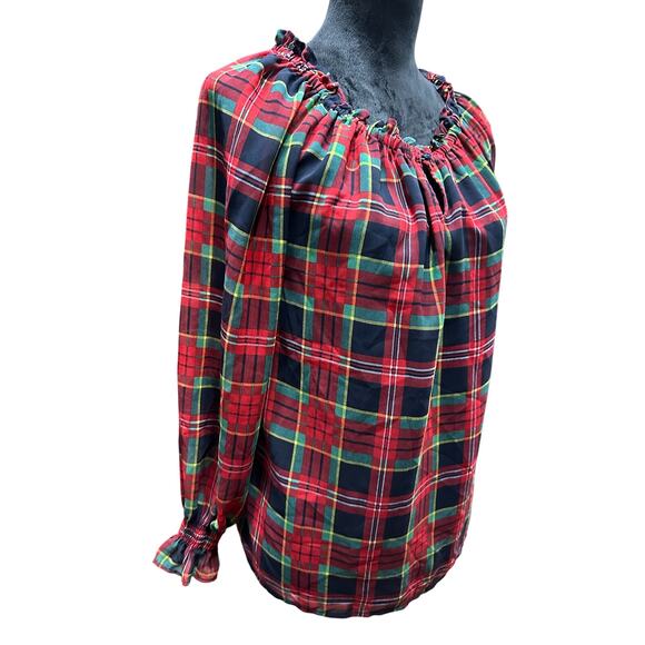 Talbots Christmas Top Blouse Red Black Green Plaid Sheer Ruffle S Holiday Party - Picture 2 of 10